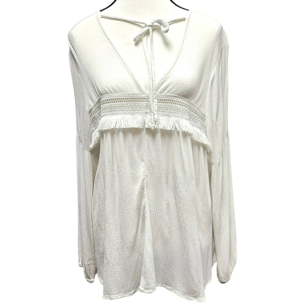 On The Road Top S Women's Sm Boho Anthro Style Eyelet Lace Fringe Balloon Sleeve
